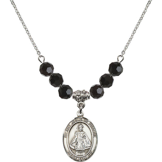 Sterling Silver Infant of Prague Birthstone Necklace with Jet Beads - 8207