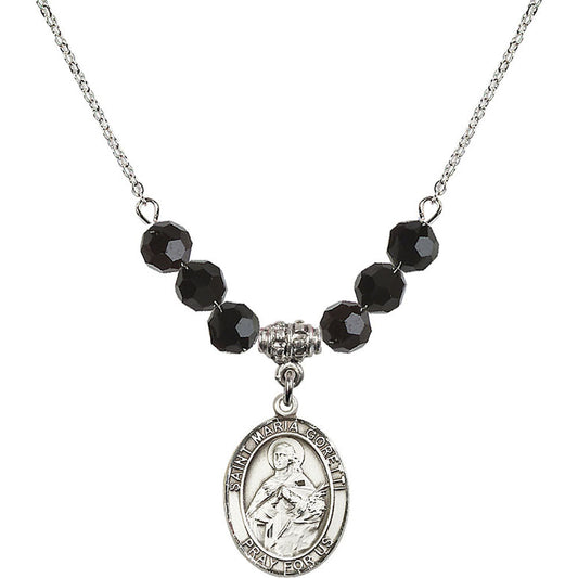 Sterling Silver Saint Maria Goretti Birthstone Necklace with Jet Beads - 8208