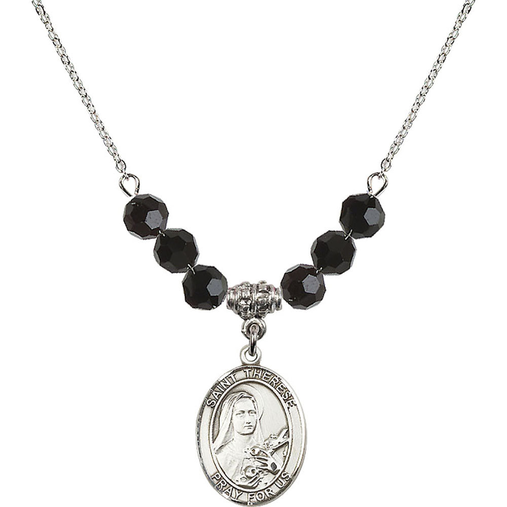 Sterling Silver Saint Therese of Lisieux Birthstone Necklace with Jet Beads - 8210