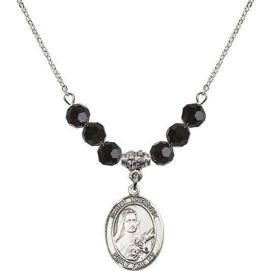 Sterling Silver Saint Therese of Lisieux Birthstone Necklace with Jet Beads - 8210
