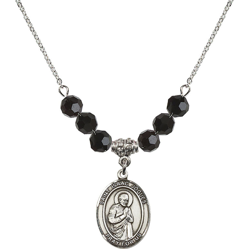Sterling Silver Saint Isaac Jogues Birthstone Necklace with Jet Beads - 8212