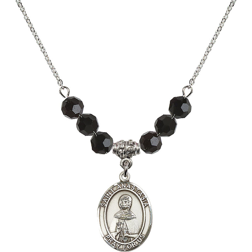 Sterling Silver Saint Anastasia Birthstone Necklace with Jet Beads - 8213