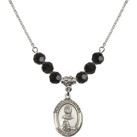 Sterling Silver Saint Anastasia Birthstone Necklace with Jet Beads - 8213