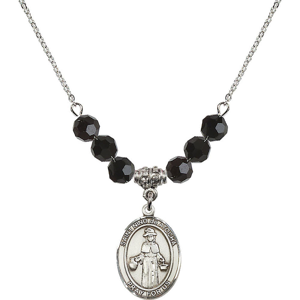 Sterling Silver Saint Nino de Atocha Birthstone Necklace with Jet Beads - 8214