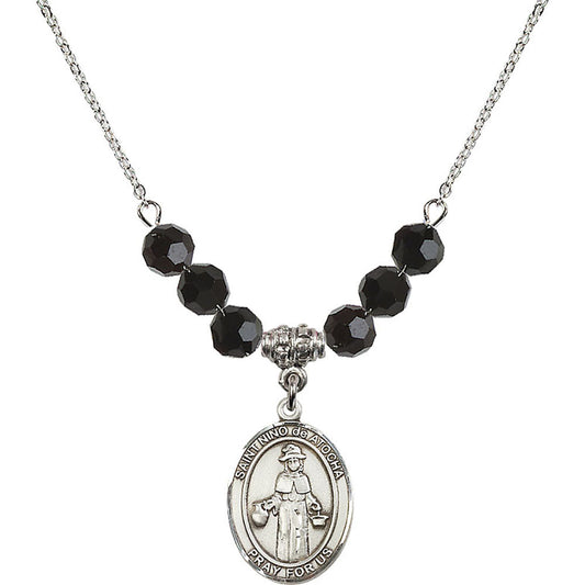 Sterling Silver Saint Nino de Atocha Birthstone Necklace with Jet Beads - 8214