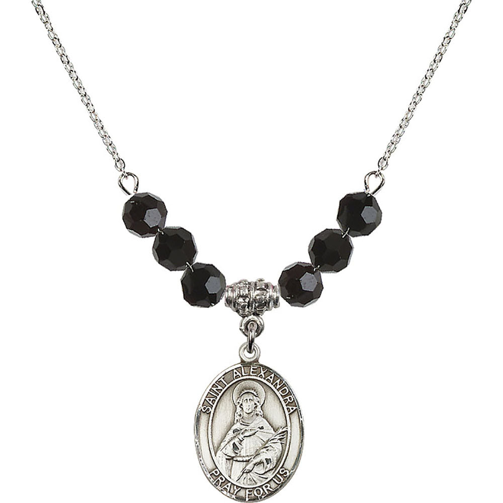 Sterling Silver Saint Alexandra Birthstone Necklace with Jet Beads - 8215