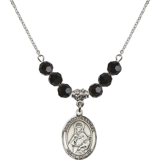 Sterling Silver Saint Alexandra Birthstone Necklace with Jet Beads - 8215