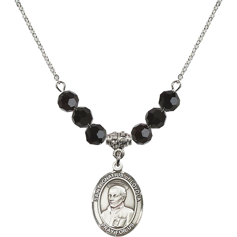 Sterling Silver Saint Ignatius of Loyola Birthstone Necklace with Jet Beads - 8217