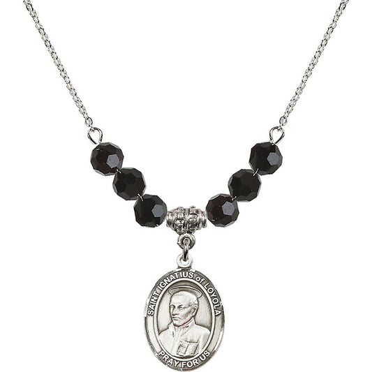 Sterling Silver Saint Ignatius of Loyola Birthstone Necklace with Jet Beads - 8217