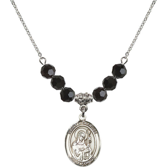 Sterling Silver Saint Gertrude of Nivelles Birthstone Necklace with Jet Beads - 8219