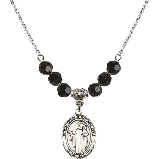 Sterling Silver Saint Joseph the Worker Birthstone Necklace with Jet Beads - 8220