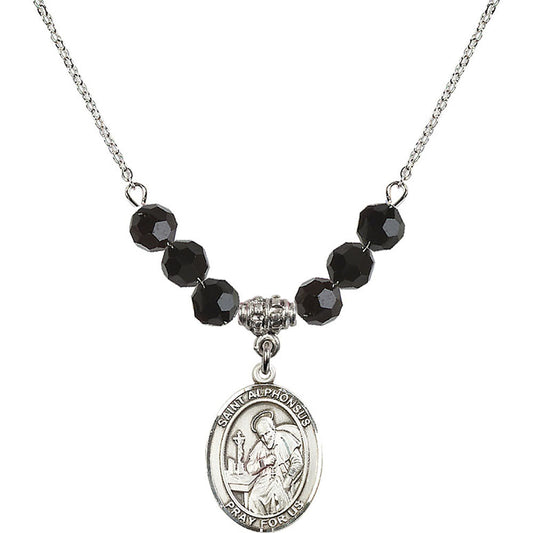 Sterling Silver Saint Alphonsus Birthstone Necklace with Jet Beads - 8221
