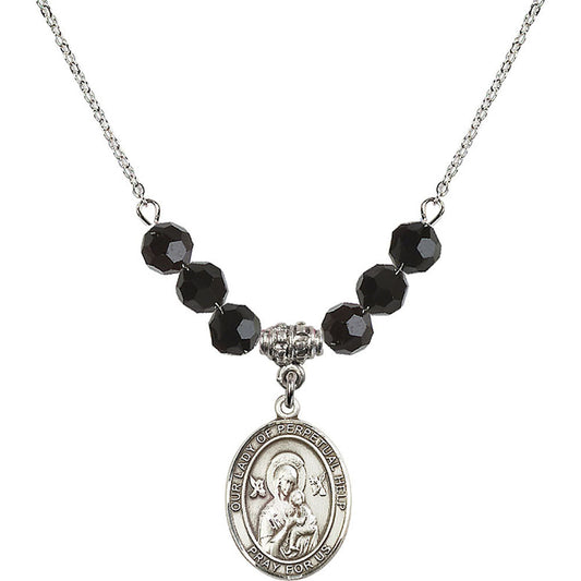 Sterling Silver Our Lady of Perpetual Help Birthstone Necklace with Jet Beads - 8222