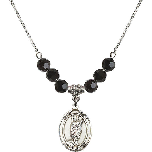Sterling Silver Saint Victor of Marseilles Birthstone Necklace with Jet Beads - 8223