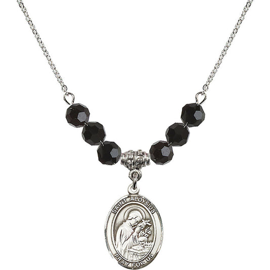 Sterling Silver Saint Aloysius Gonzaga Birthstone Necklace with Jet Beads - 8225