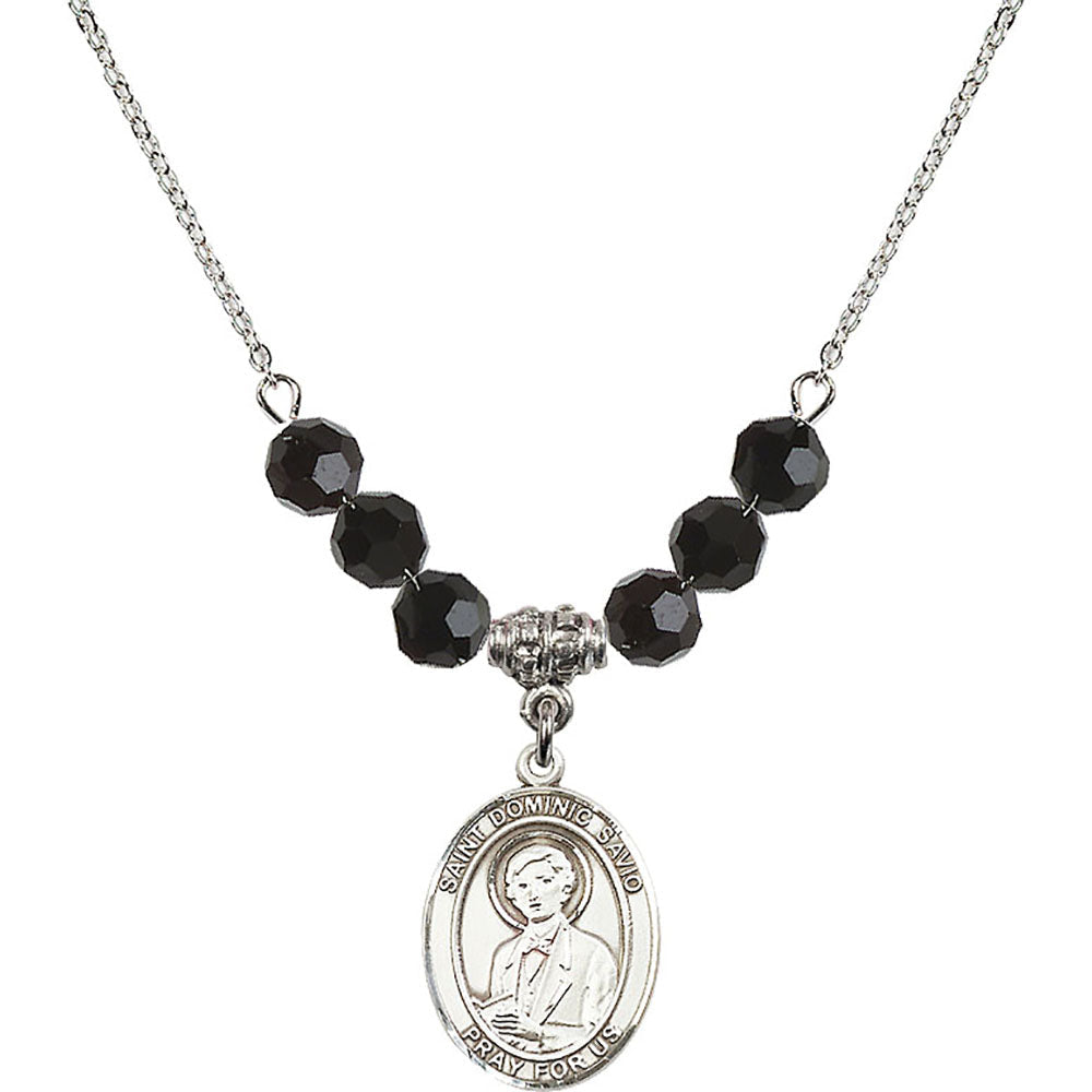 Sterling Silver Saint Dominic Savio Birthstone Necklace with Jet Beads - 8227