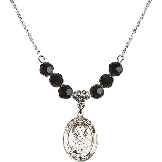 Sterling Silver Saint Dominic Savio Birthstone Necklace with Jet Beads - 8227
