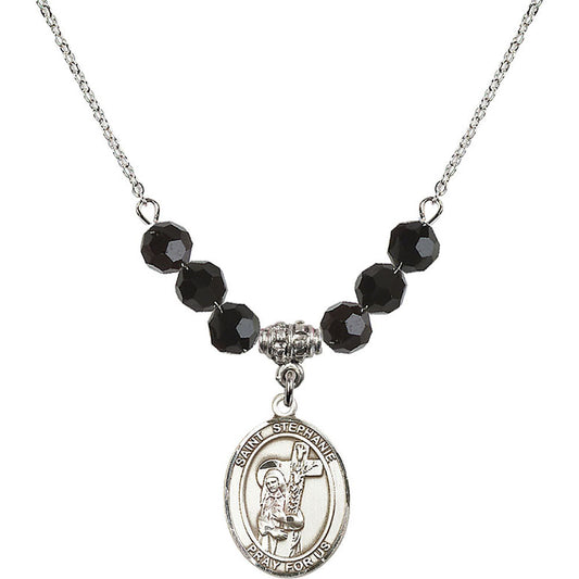 Sterling Silver Saint Stephanie Birthstone Necklace with Jet Beads - 8228
