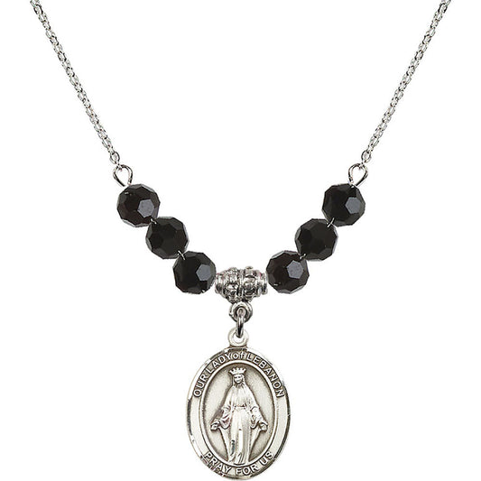 Sterling Silver Our Lady of Lebanon Birthstone Necklace with Jet Beads - 8229
