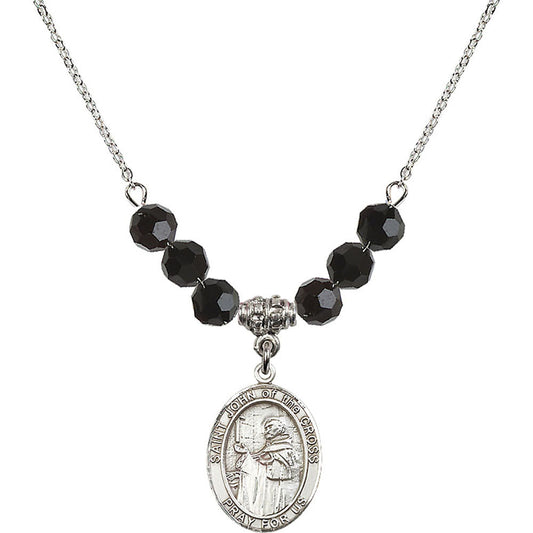 Sterling Silver Saint John of the Cross Birthstone Necklace with Jet Beads - 8231
