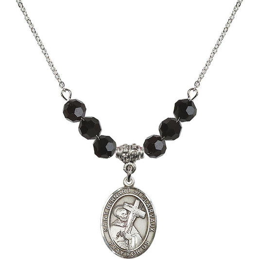 Sterling Silver Saint Bernard of Clairvaux Birthstone Necklace with Jet Beads - 8233