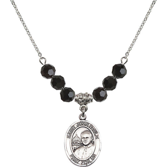 Sterling Silver Saint John Paul II Birthstone Necklace with Jet Beads - 8234
