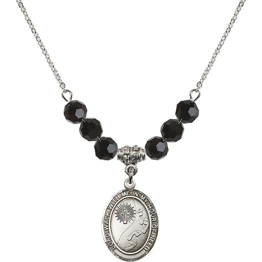 Sterling Silver Footprints / Cross Birthstone Necklace with Jet Beads - 8237