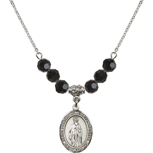 Sterling Silver Saint Bartholomew the Apostle Birthstone Necklace with Jet Beads - 8238