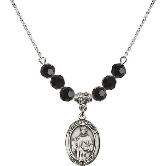 Sterling Silver Saint Placidus Birthstone Necklace with Jet Beads - 8240