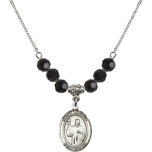 Sterling Silver Saint Maurus Birthstone Necklace with Jet Beads - 8241