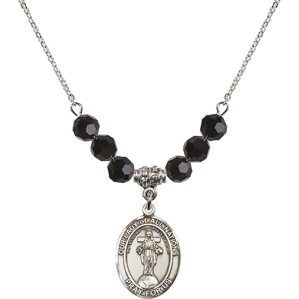 Sterling Silver Our Lady of All Nations Birthstone Necklace with Jet Beads - 8242