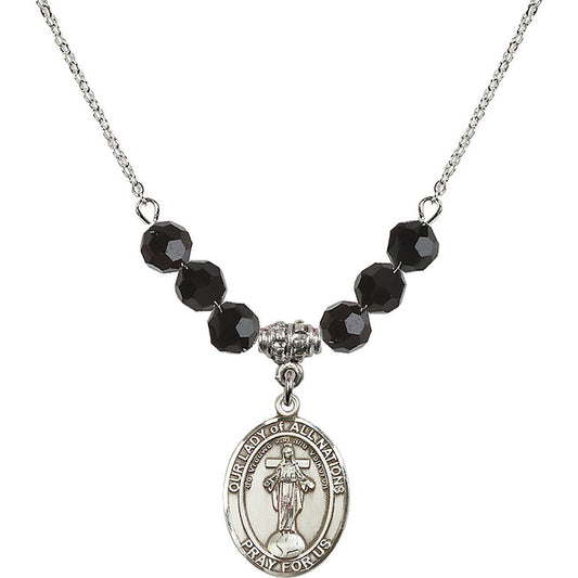 Sterling Silver Our Lady of All Nations Birthstone Necklace with Jet Beads - 8242