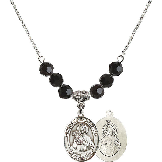 Sterling Silver Our Lady of Mount Carmel Birthstone Necklace with Jet Beads - 8243