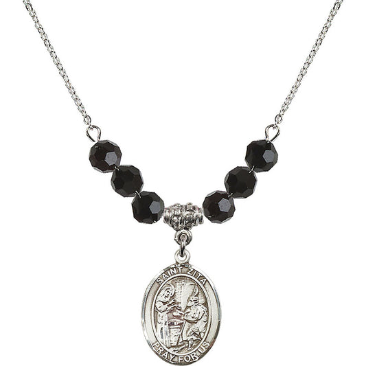 Sterling Silver Saint Zita Birthstone Necklace with Jet Beads - 8244