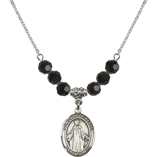 Sterling Silver Our Lady of Peace Birthstone Necklace with Jet Beads - 8245