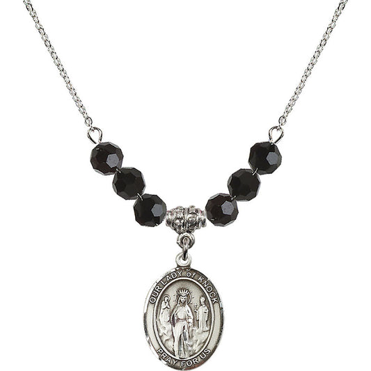 Sterling Silver Our Lady of Knock Birthstone Necklace with Jet Beads - 8246