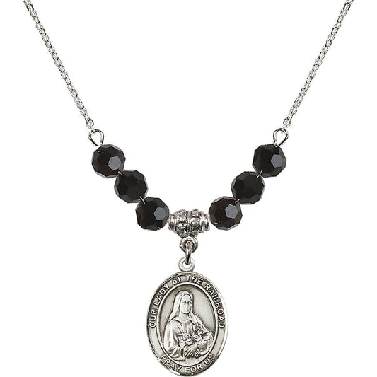 Sterling Silver Our Lady of the Railroad Birthstone Necklace with Jet Beads - 8247
