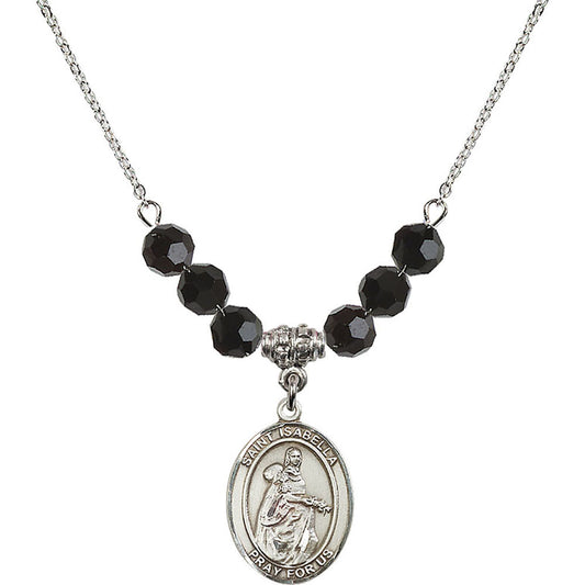 Sterling Silver Saint Isabella of Portugal Birthstone Necklace with Jet Beads - 8250