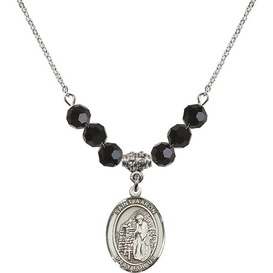 Sterling Silver Saint Aaron Birthstone Necklace with Jet Beads - 8254