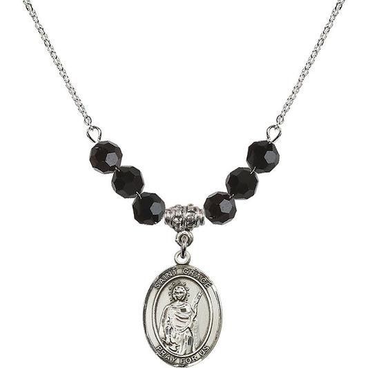 Sterling Silver Saint Grace Birthstone Necklace with Jet Beads - 8255