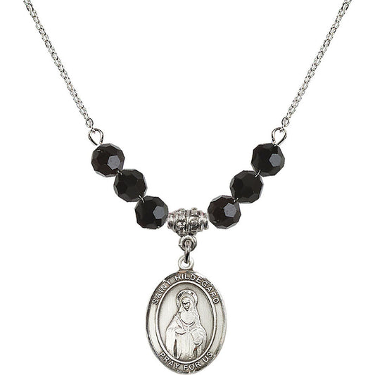 Sterling Silver Saint Hildegard von Bingen Birthstone Necklace with Jet Beads - 8260