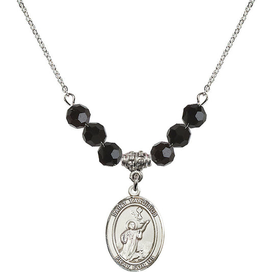 Sterling Silver Saint Tarcisius Birthstone Necklace with Jet Beads - 8261