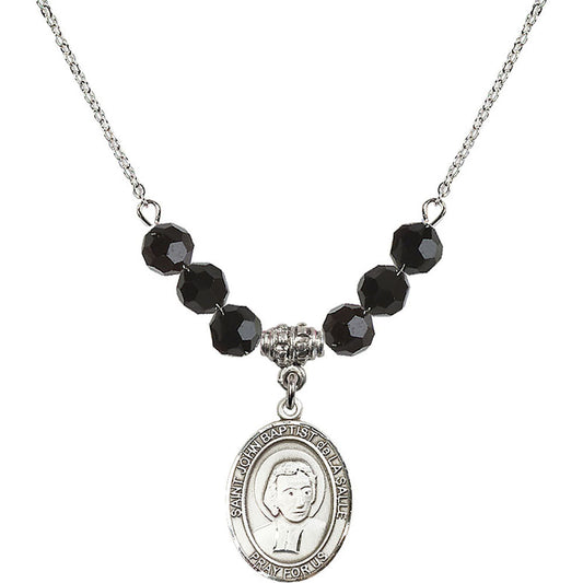 Sterling Silver Saint John Baptist de la Salle Birthstone Necklace with Jet Beads - 8262