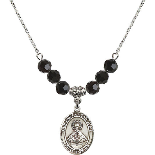 Sterling Silver Our Lady of San Juan Birthstone Necklace with Jet Beads - 8263