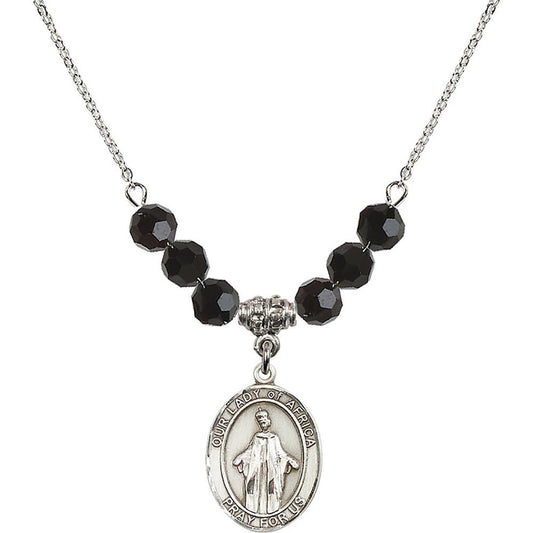 Sterling Silver Our Lady of Africa Birthstone Necklace with Jet Beads - 8269