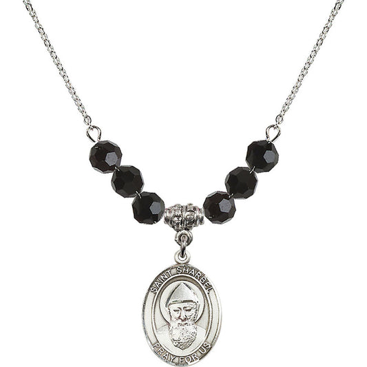Sterling Silver Saint Sharbel Birthstone Necklace with Jet Beads - 8271