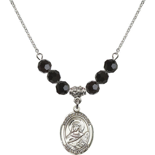 Sterling Silver Saint Perpetua Birthstone Necklace with Jet Beads - 8272
