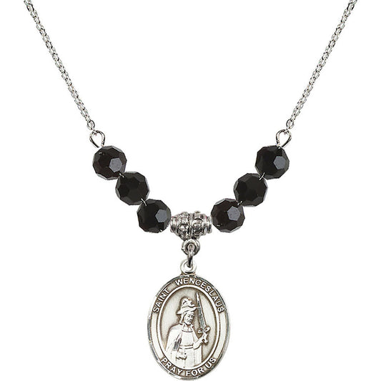 Sterling Silver Saint Wenceslaus Birthstone Necklace with Jet Beads - 8273