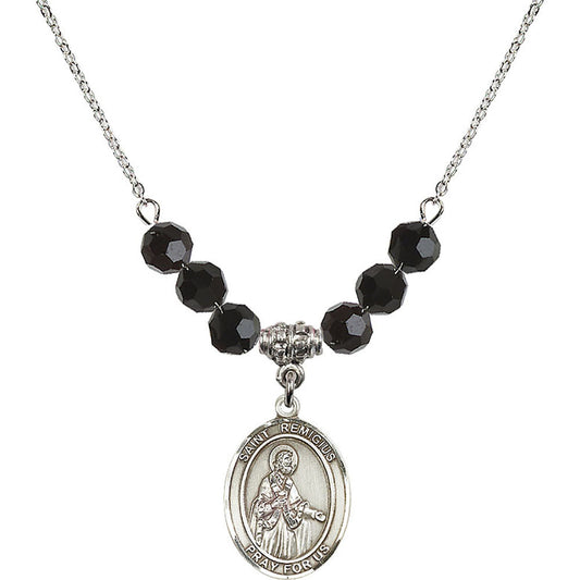 Sterling Silver Saint Remigius of Reims Birthstone Necklace with Jet Beads - 8274