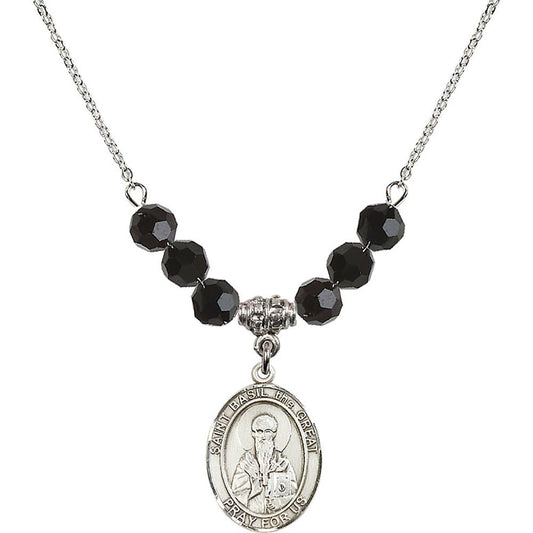 Sterling Silver Saint Basil the Great Birthstone Necklace with Jet Beads - 8275